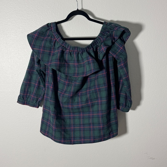 Gibson & Latimer Green Plaid Ruffle Neck Blouse Size XL - Picture 3 of 6